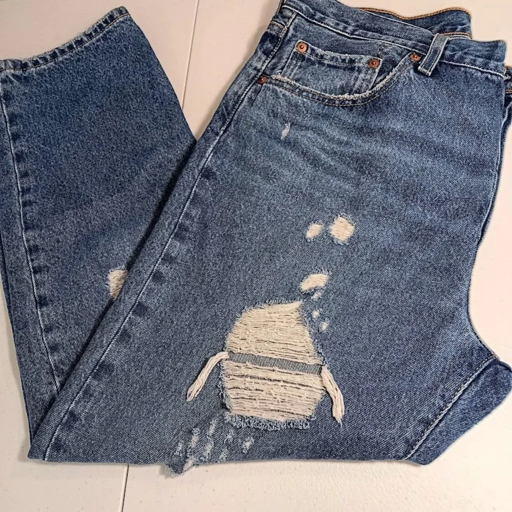 Levi's 501 Men's Jeans W32 L25 Blue Distressed Ripped Button Fly Straight Leg De
